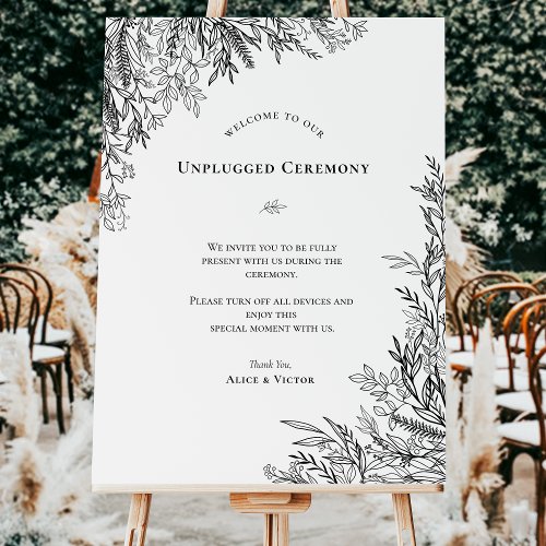 White and Black Greenery Unplugged Ceremony Sign