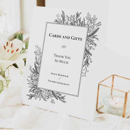 White and Black Greenery Wedding Cards and Gifts Pedestal Sign