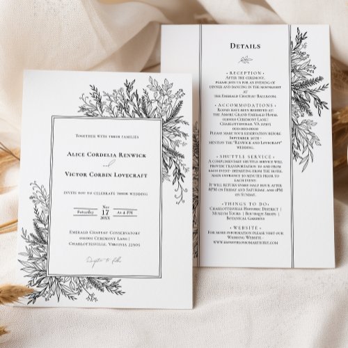 White and Black Greenery Wedding Details and Invitation