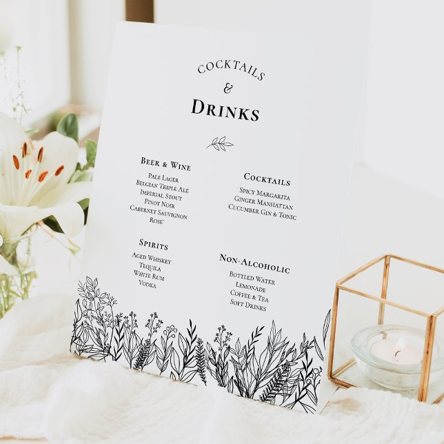 White and Black Greenery Wedding Drinks Menu Pedestal Sign (Creator Uploaded)
