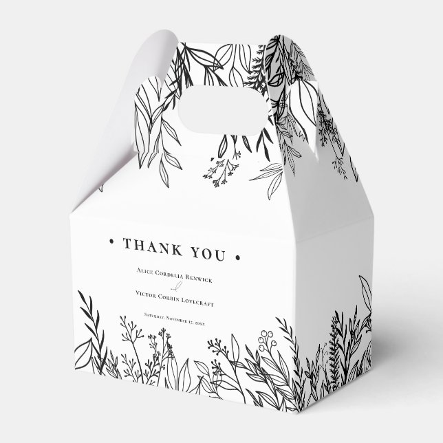 White and Black Greenery Wedding Favor Boxes (Front Side)