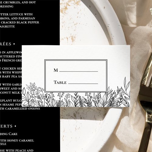 White and Black Greenery Wedding Flat Place Card
