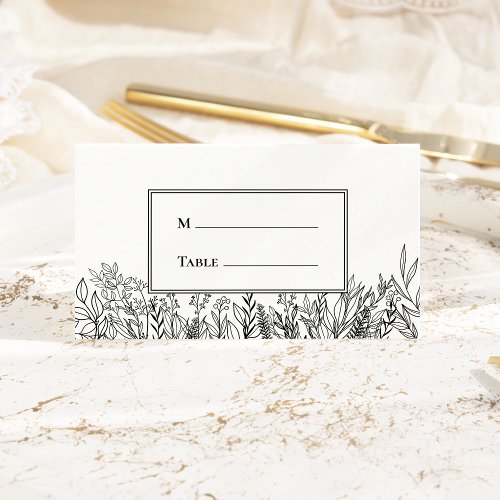 White and Black Greenery Wedding Folded Place Card