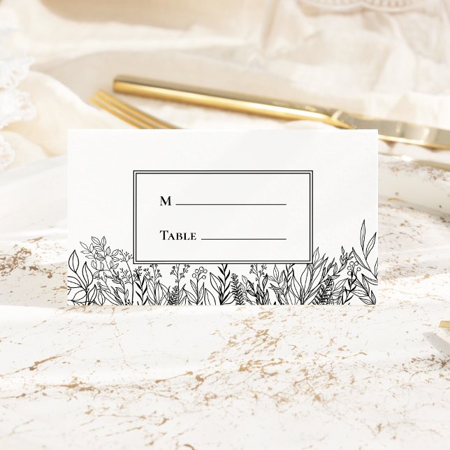 White and Black Greenery Wedding Folded Place Card (Creator Uploaded)