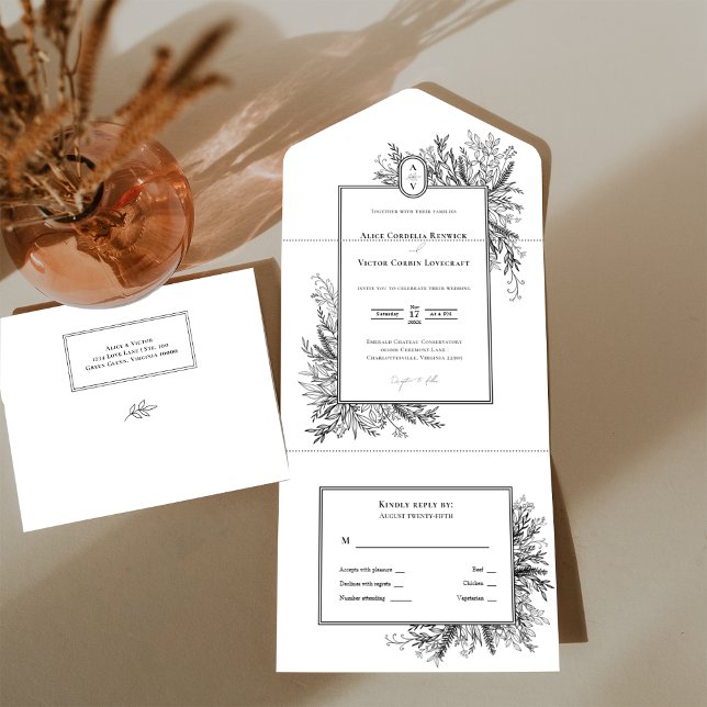 White and Black Greenery Wedding Monogram All In One Invitation (Creator Uploaded)