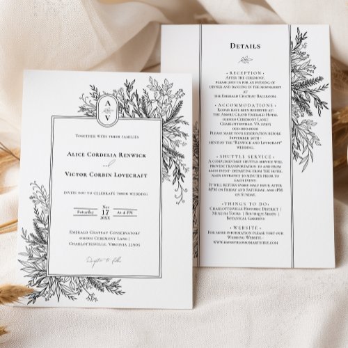 White and Black Greenery Wedding Monogram Details Invitation