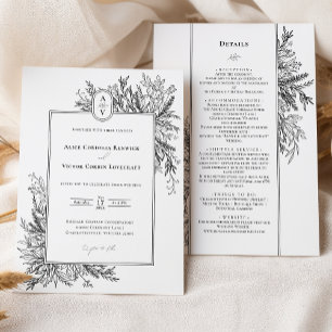 White and Black Greenery Wedding Monogram Details Invitation