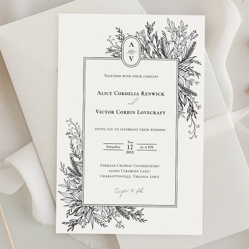 White and Black Greenery Wedding Monogram Invitation