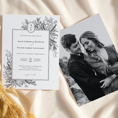 White and Black Greenery Wedding Monogram Photo Invitation