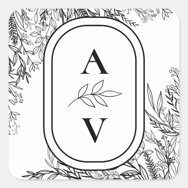White and Black Greenery Wedding Monogram Square Sticker (Front)