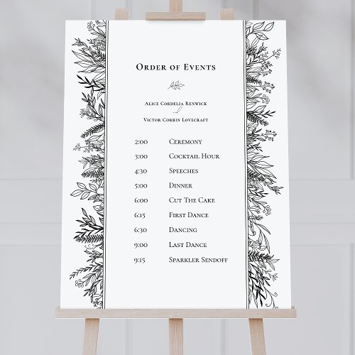 White and Black Greenery Wedding Order of Events Foam Board