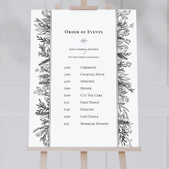 White and Black Greenery Wedding Order of Events Foam Board (Creator Uploaded)