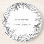 White and Black Greenery Wedding Sandstone Coaster<br><div class="desc">This White and Black Greenery Wedding Sandstone Coaster design offers a classic combination of simple minimalist typography with a neutral white and black color story and chic line art greenery. The moody leaf silhouette embellishments are artfully arranged to create a beautiful flowing shape that sets off the polished geometric elements,...</div>
