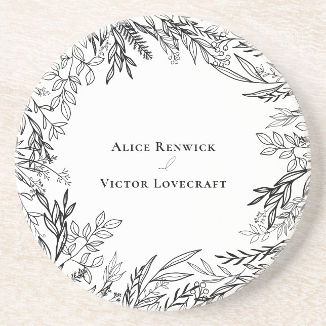 White and Black Greenery Wedding Sandstone Coaster (Front)
