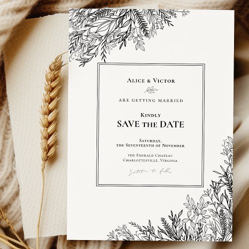 White and Black Greenery Wedding Save The Date