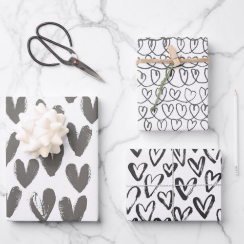 White And Black Hand Drawn Watercolor Hearts  Wrapping Paper Sheets