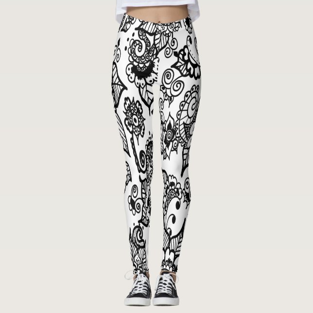 white and Black Henna Inspired Floral Leggings (Front)
