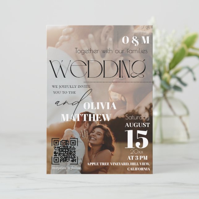 White and black Magazine Cover Wedding  Invitation (Standing Front)