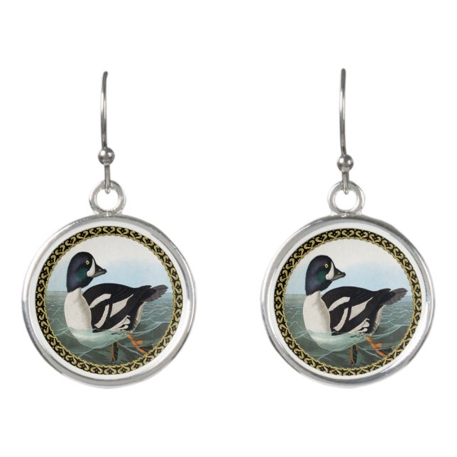 White and Black mallard ducks swimming in water Earrings (Front)