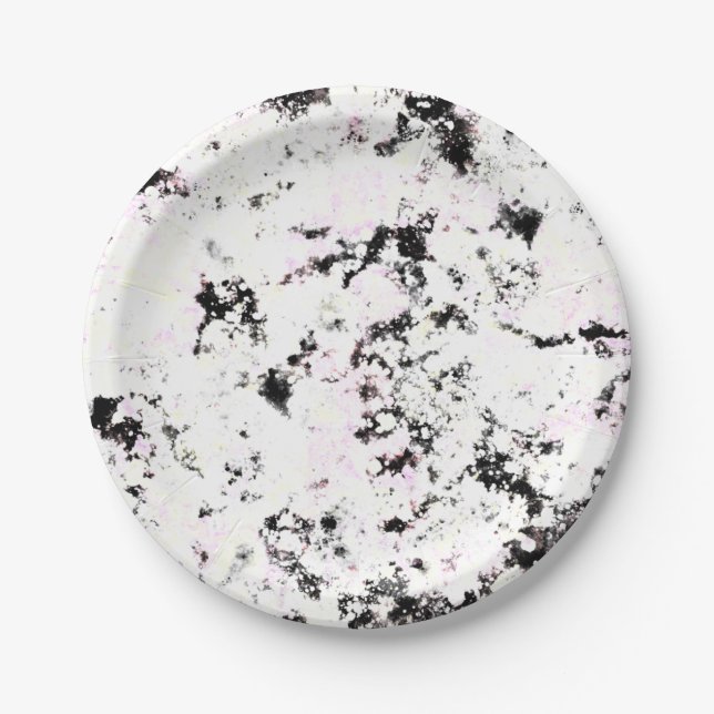White and Black Marble Paint Splash Abstract Paper Plates (Front)