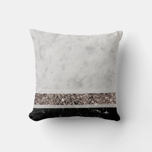 White and Black Marble Rose Gold Glitter Stripe 1 Throw Pillow