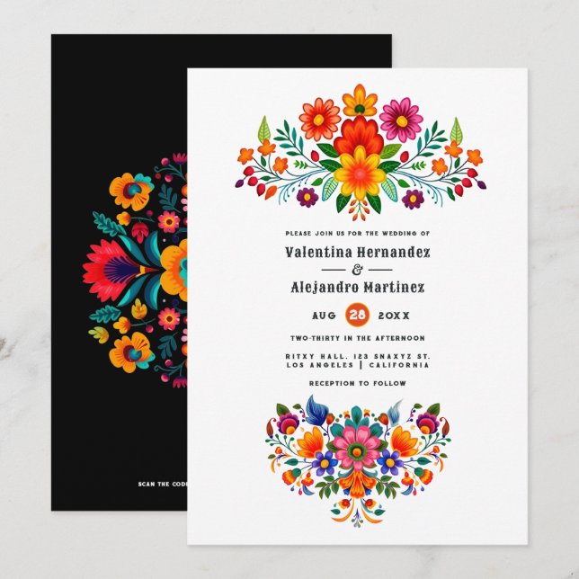 White and Black Mexican Folk Art Fiesta Wedding Invitation (Front/Back)