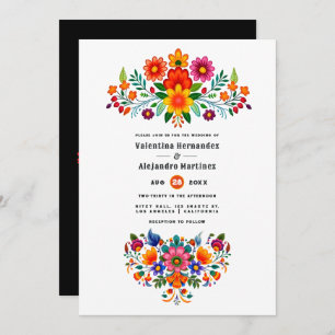 White and Black Mexican Folk Art Fiesta Wedding Invitation