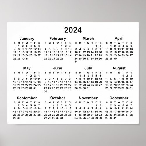 White and Black Minimalist 2024 Calendar Poster