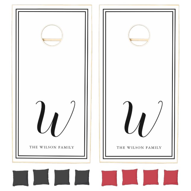 White and Black Minimalist Family Initial Wedding Cornhole Set (Set)