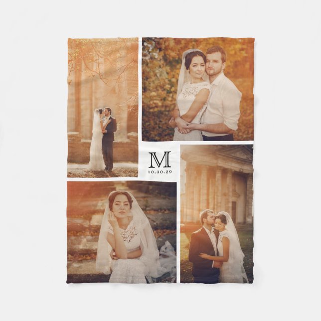 White and Black Monogram 4 Photo Collage Wedding Fleece Blanket (Front)