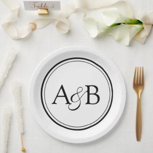 White and Black Monogram and Ampersand Couple's Paper Plates