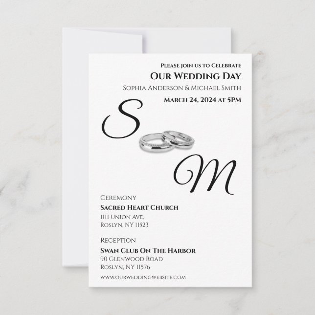 White and Black-Monogram-Wedding Rings- Invitation (Front)