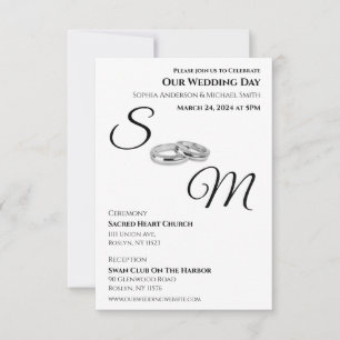 White and Black-Monogram-Wedding Rings- Invitation