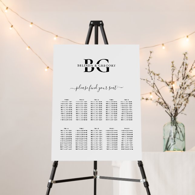 White and Black Monogram Wedding Seating Chart Foam Board (In Situ (Stand))