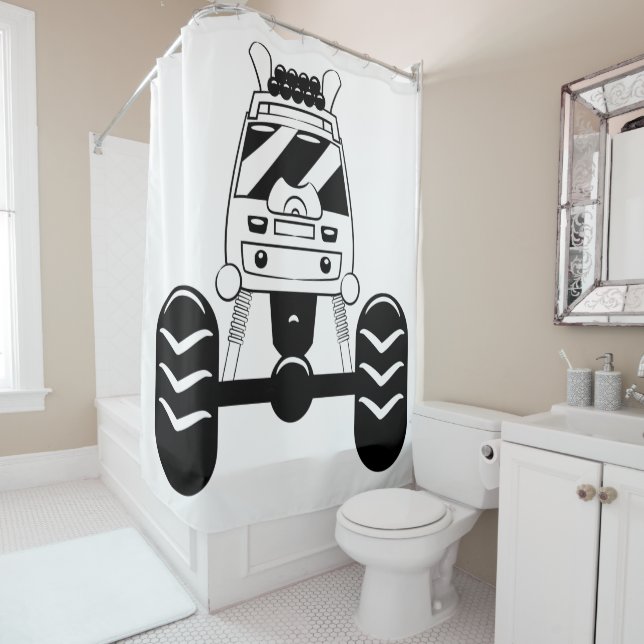 White and Black Monster Truck Shower Curtain (In Situ)