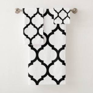 White and Black Moroccan Quatrefoil Pattern Bath Towel Set
