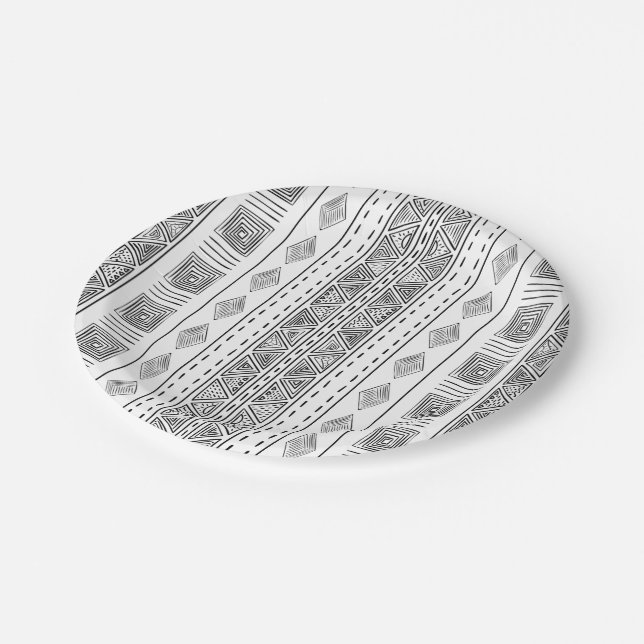 White and Black Mudcloth Inspired Ethnic Tribal Paper Plates (Angled)