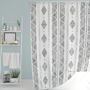 White and Black Mudcloth Inspired Tribal Ethnic Shower Curtain
