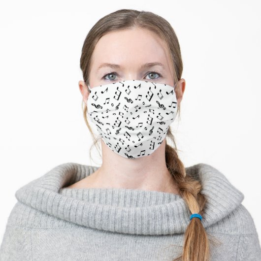 White and Black Music Notes Pattern Adult Cloth Face Mask (Worn)