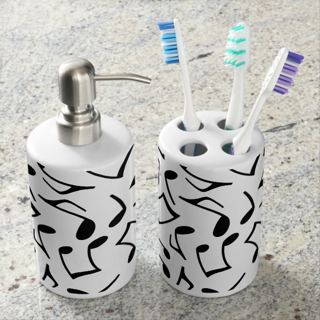 White and Black Music Notes Soap Dispenser & Toothbrush Holder (Front)