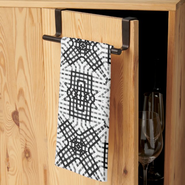 White and black openwork geometric pattern Anna Kitchen Towel (Thirds Fold)