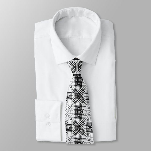 White and black openwork geometric pattern Anna Neck Tie (Tied)
