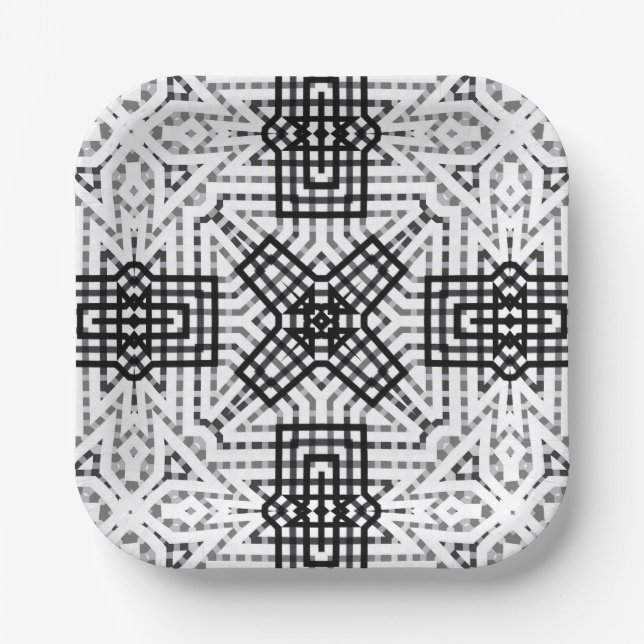 White and black openwork geometric pattern Anna Paper Plates (Front)