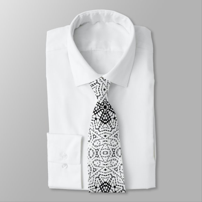 White and black openwork geometric pattern Elsa Neck Tie (Tied)