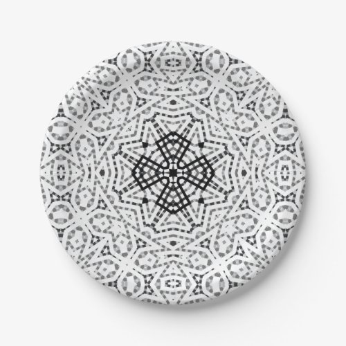 White and black openwork geometric pattern Elsa Paper Plates