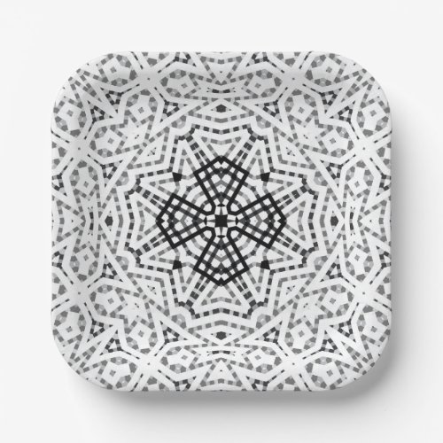 White and black openwork geometric pattern Elsa Paper Plates