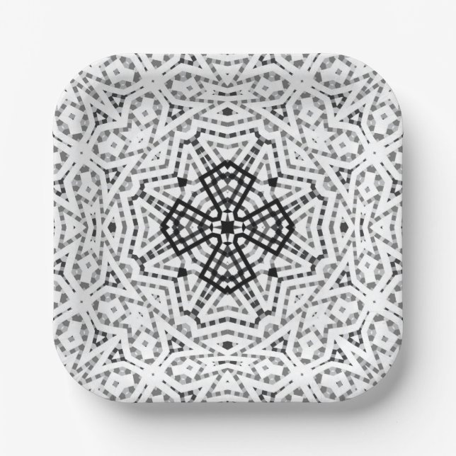 White and black openwork geometric pattern Elsa Paper Plates (Front)