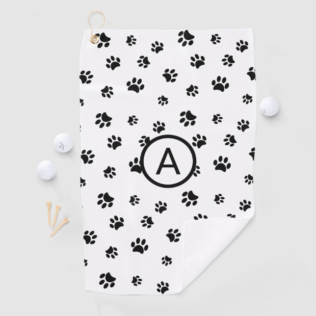 White and Black Paw Prints Monogram Golf Towel (InSitu)