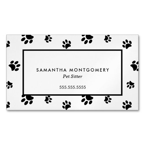 White and Black Paw Prints Professional Pet Sitter Business Card Magnet