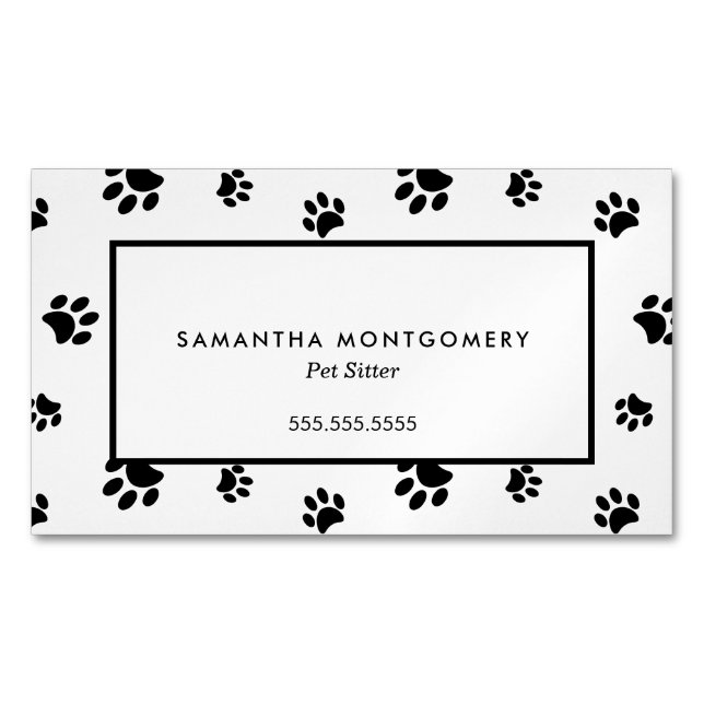 White and Black Paw Prints Professional Pet Sitter Business Card Magnet (Front)